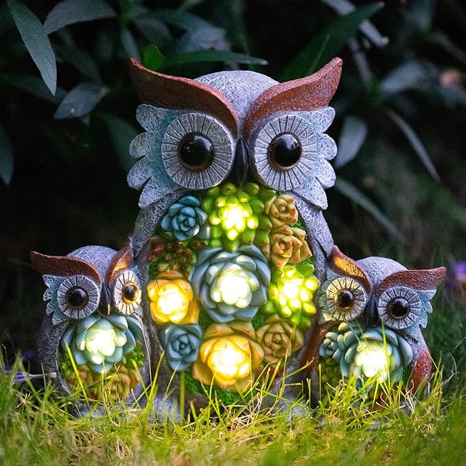 Solar Garden Statue Owl Decor – Cute Owl Family Figurines with LED Succulent Lights, Waterproof Outdoor Yard Art Ornaments for Patio, Lawn, Porch, Housewarming Gifts for Women Mom