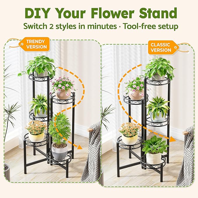 Metal Plant Stand Indoor Outdoor, 5 Tier 5 Potted Multiple Plant Shelf Stands, Wrought Iron Flower Holder Shelf, Folding Tall Rack Shelf for Patio, Balcony, Corner Living Room - BlackCircle