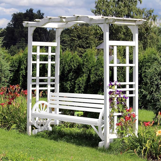 VINGLI Rustic Wooden Wheel Bench Outdoor Bench, Patio Bench Wagon Slatted Seat, Garden Benches for Outdoors 350lbs High Capacity, Weather Resistance (White, 55in)