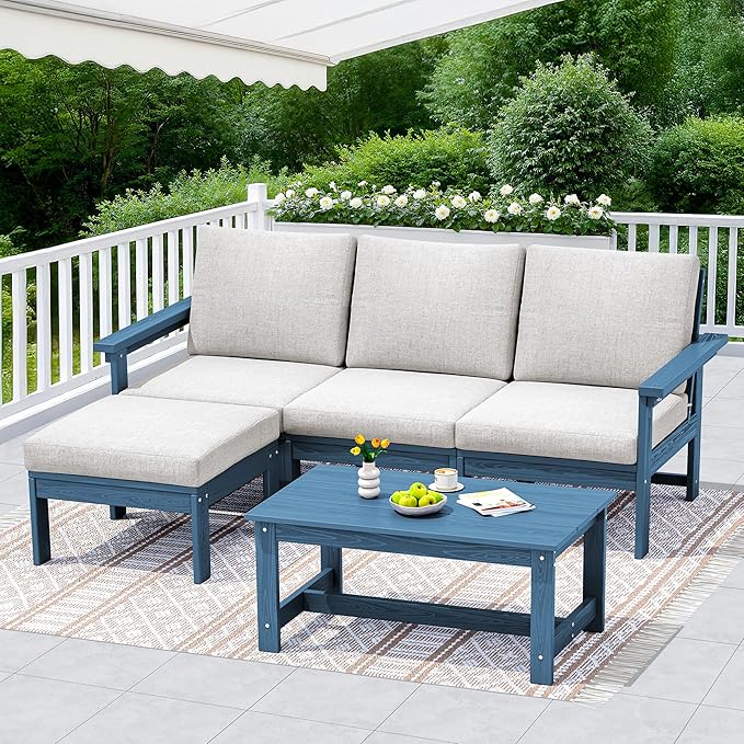 SERWALL Outdoor Sectional Sofa Set, 5-piece Outdoor Modula Couch Set with Ottoman, All Weather Patio Furniture Set with Chaise for Deck, Lawn, Blue Frame with Khaki Cushion