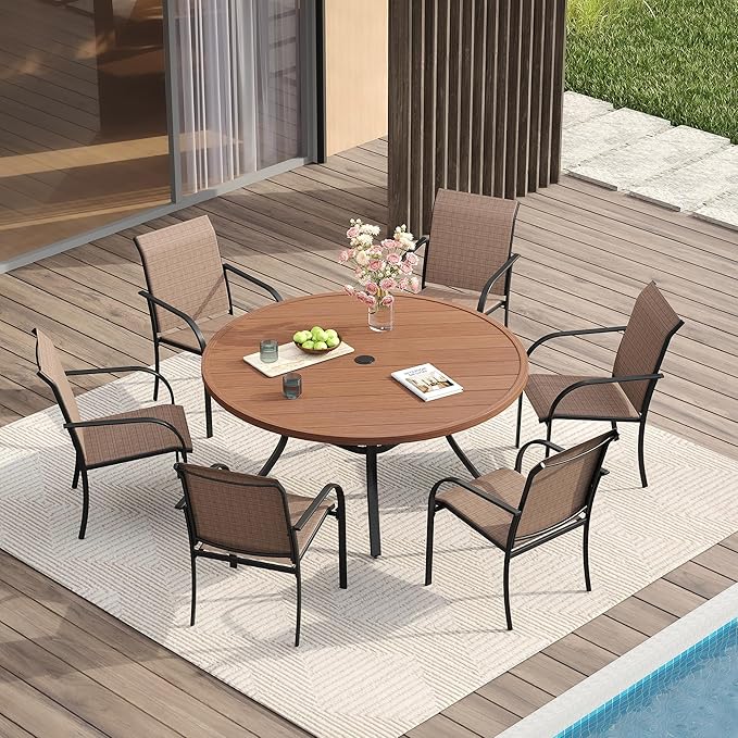 VICLLAX Patio Dining Set for 6, All Weather Metal Outdoor Furniture Set- 47" Round Patio Table and Chairs, Walnut Tabletop and Brown Fabric