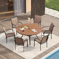 VICLLAX Patio Dining Set for 6, All Weather Metal Outdoor Furniture Set- 47" Round Patio Table and Chairs, Walnut Tabletop and Brown Fabric