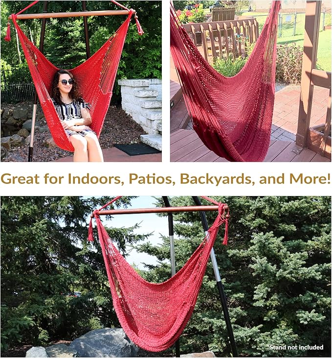 Sunnydaze Outdoor Hammock Chair Swing - Hanging Hammock Swing - Hanging Reading Chair - Soft-Spun Polyester Rope - Caribbean XL - Red