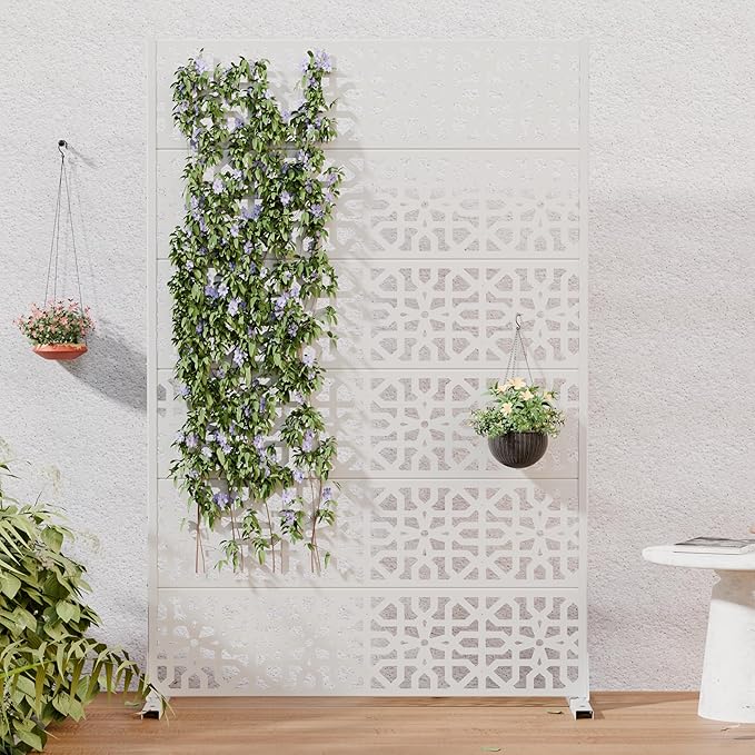 Casaphoria Metal Privacy Screen Outdoor, 72" H x 47" W Freestanding Decorative Privacy Screen for Patio Deck Balcony Garden with Stable Base, White-Perilla
