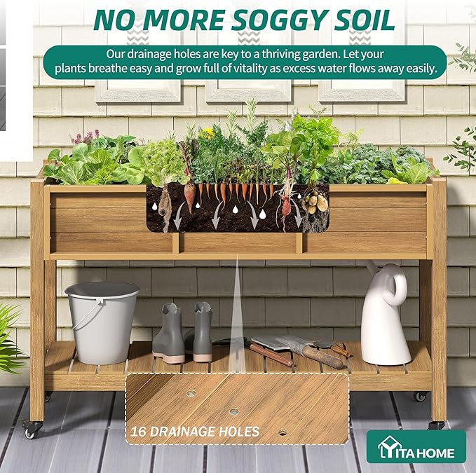 YITAHOME Raised Garden Bed HDPE, 47x18x31In Raised Flower Bed Poly-Wood Weather-Resistant Elevated Planter Box with Lockable Wheels & Storage Shelf for Vegetable Flower, Brown
