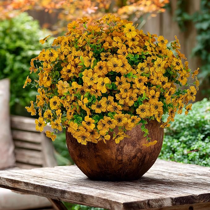 Artificial Fall Flowers for Outdoors Fake Mums - 16 Bundles Faux Plants Outside Greenery Boxwood No Fade Plastic Shrubs Decor Farmhouse Home Garden Thanksgiving (Yellow)