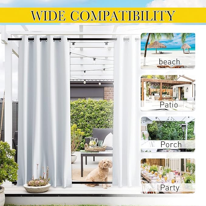 NICETOWN 2 Panels Outdoor Curtains for Patio Waterproof Grommet & Back Tab on Top and Bottom, Windproof Privacy Sound & Light Reducing for Cabana with Fixed Rope, W46 x L72, Greyish White