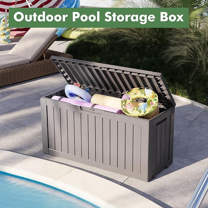 Outdoor Storage Box, Resin Deck Boxes Indoor and outdoor, Waterproof Storage Box Lockable Lid (Grey, 85 Gallon)