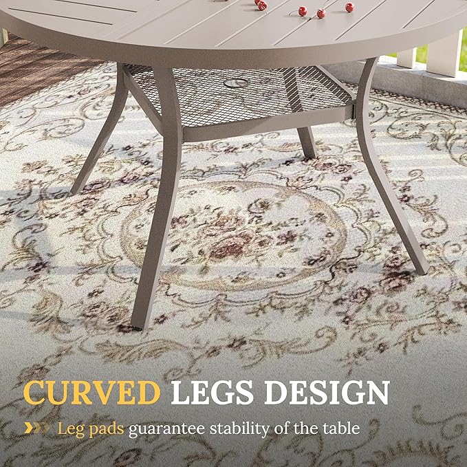VICLLAX Round Patio Table with Adjustable Umbrella Hole for 6, All Weather Metal Outdoor Dining Table for Lawn Garden, 47.2" Outdoor Coffee Table, Cream Color Frame