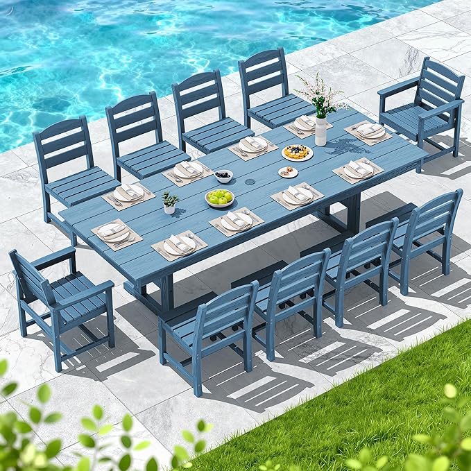SERWALL 11 Piece Outdoor Dining Set, 84" HDPE Outdoor Table and Chairs for 10，All Weather Patio Furniture Set with Umbrella Hole for Backyard, Garden, Blue
