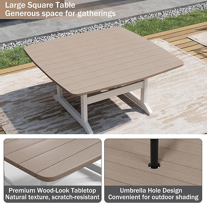 Outdoor Dining Set, HDPE 9-Piece Patio Table and Chairs Set, All-Weather Outdoor Dining Table Set for 8 with Umbrella Hole, Durable Patio Furniture Set with Chairs,White Brown