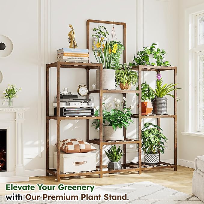 EnHomee Plant Stand Indoor Large Plant Stand Outdoor 5 Tiers Wood Tiered Plants Shelf for Multiple Plants with 10-15 Potted for Living Room Patio Balcony Yard Garden 34.3" W x 11.8" D x 47.2" H