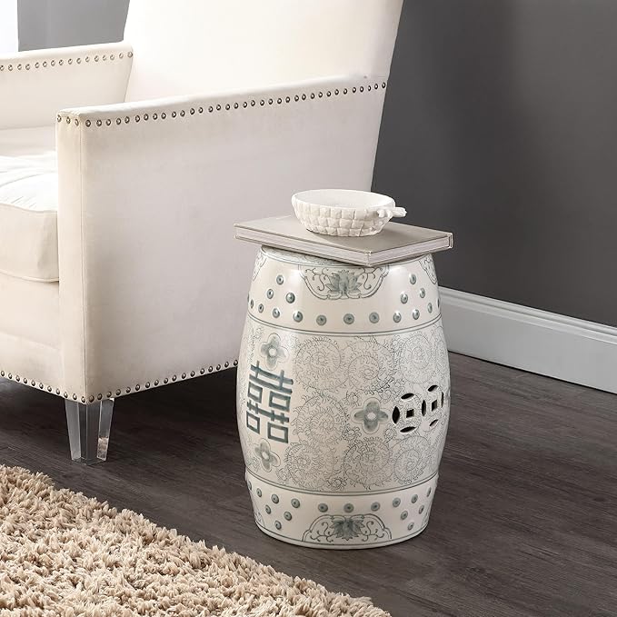 JONATHAN Y TBL1013C Double Happiness 18" Chinoiserie Ceramic Drum Indoor/Outdoor Garden Stool Bohemian, Coastal, Classic, Cottage, Traditional, Patio, Garden, Bathroom, Living Room, Gray Blue/White