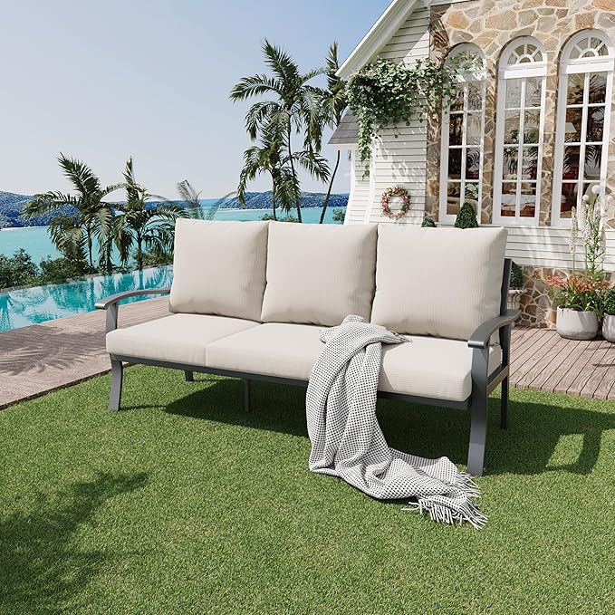 HOMREST Outdoor Couch Aluminum Patio Furniture Sofa, 3-Seat All-Weather Metal Outdoor Patio Furniture with Cushions, Beige