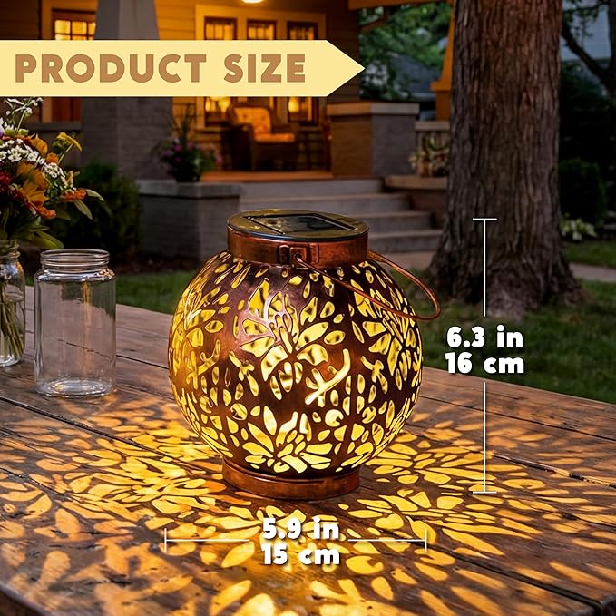 JOIEDOMI 2 Pack Outdoor Solar Hanging Lantern Lights, Waterproof Tabletop with Handle, LED Moroccan Lanterns, Metal Decorative Garden Solar Lights Spring for Patio, Lawn, Porch, Backyard