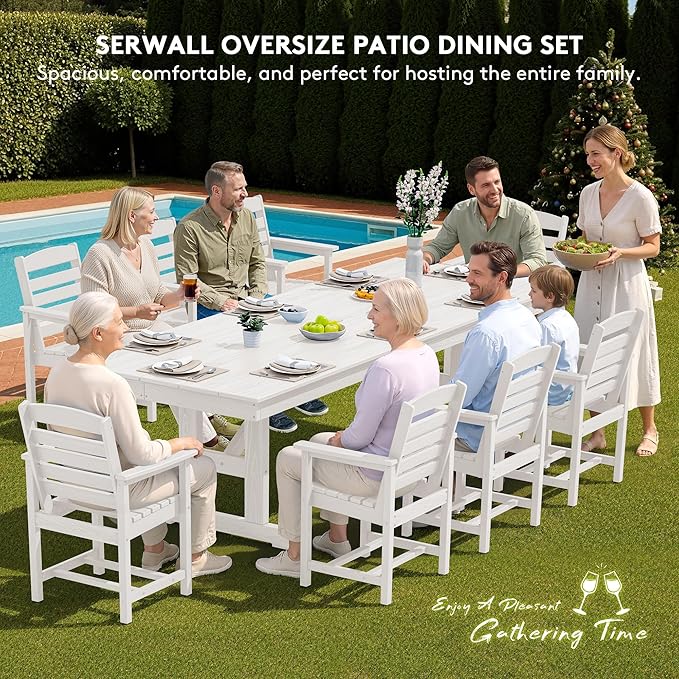 SERWALL 9 Piece Outdoor Dining Set, 84" HDPE Outdoor Table and Chairs for 8，All Weather Patio Furniture Set with Umbrella Hole for Backyard, Garden, White