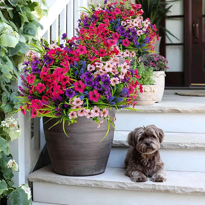 Artificial Flowers for Outdoors Fake Plants - 16 Bundles Faux Outside Greenery Boxwood No Fade Plastic Shrubs Fall Decor Farmhouse Home Garden Thanksgiving Mums (Mix White Purple Pink)