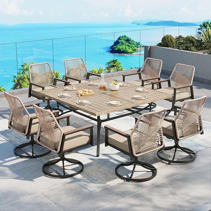 Patio Dining Set 9 Piece, 8 x Woven Rattan Swivel Chairs with Waterproof Cushion, 60" Square Wood-Like Metal Table with Umbrella Hole, Outdoor Table and Chairs Set for Backyard Lawn and Deck, Beige