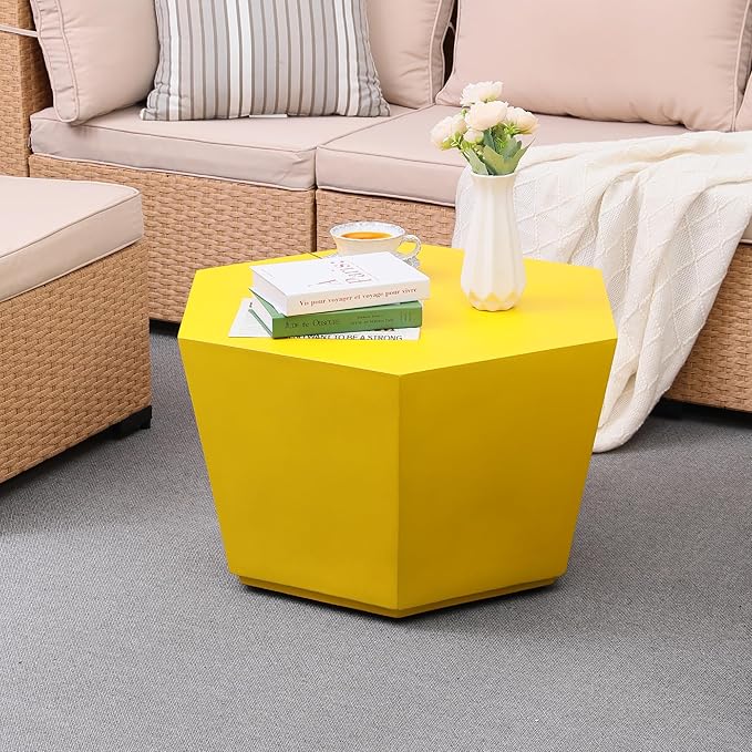 UPHA Outdoor Hexagon Coffee Table, Small Modern Minimalist Accent Tables, Low Light Concrete Center Table for Living Room, Outside Patio, Deck, 28×24.2×15.4, Lemon Yellow