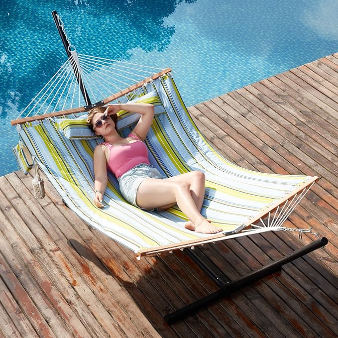 Two Person Hammock with Stand for Outside Heavy Duty, Outdoor Patio Hammock with Portable Steel Stand, Large Double Hammocks,480lbs Capacity.(Light Blue Stripes)