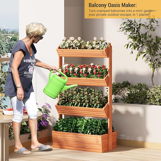 Vertical Wooden Raised Garden Bed Planters Wood Planter Kit Plant Stand Flower Rack Planter Box Gardening for Plants Herbs Flowers Vegetables Outdoor Indoor Freestanding (Orange 4-Tier)
