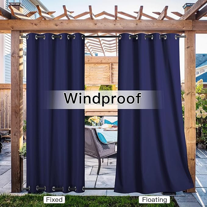 NICETOWN Canvas Outdoor Curtains for Patio Waterproof Extra Long 108" Length, 2 Panels Thermal Insulated Top and Bottom Grommet Privacy Vertical Drapes for Porch/Gazebo, 55" Wide, Dark Blue