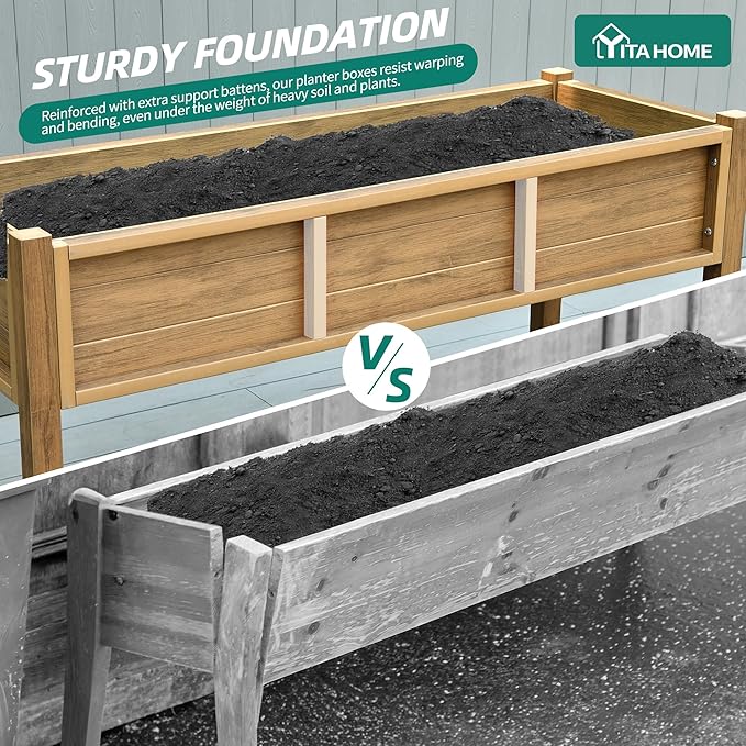 YITAHOME Raised Garden Bed HDPE, 47x18x31In Raised Flower Bed Poly-Wood Weather-Resistant Elevated Planter Box with Lockable Wheels & Storage Shelf for Vegetable Flower, Brown