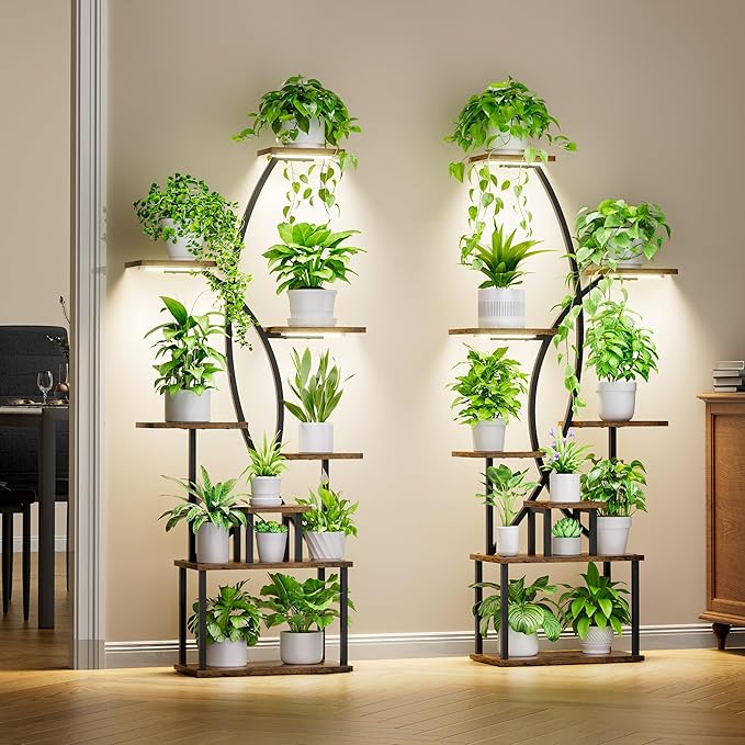 Plant Stand Indoor with Grow Lights - 8 Tiered Tall Plant Shelf, 65" Metal Corner Shelf for Indoor Plants Multiple, Large Curved Half-Moon Flower Holder Stand Display Rack for Patio, Home, 2 Pack