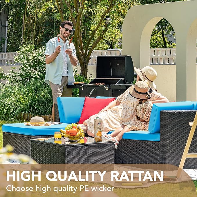 Devoko 5 Pieces Patio Furniture Sets All Weather Outdoor Sectional Patio Sofa Manual Weaving Wicker Rattan Patio Seating Sofas with Cushion and Glass Table (Blue)