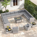14-Seat Outdoor Wicker Patio Furniture Set with Fire Pit Table, Modular Rattan Sectional Sofa & 2 Swivel Rocking Chairs, 4" Thick Cushions, Rust-Resistant Frame,Black