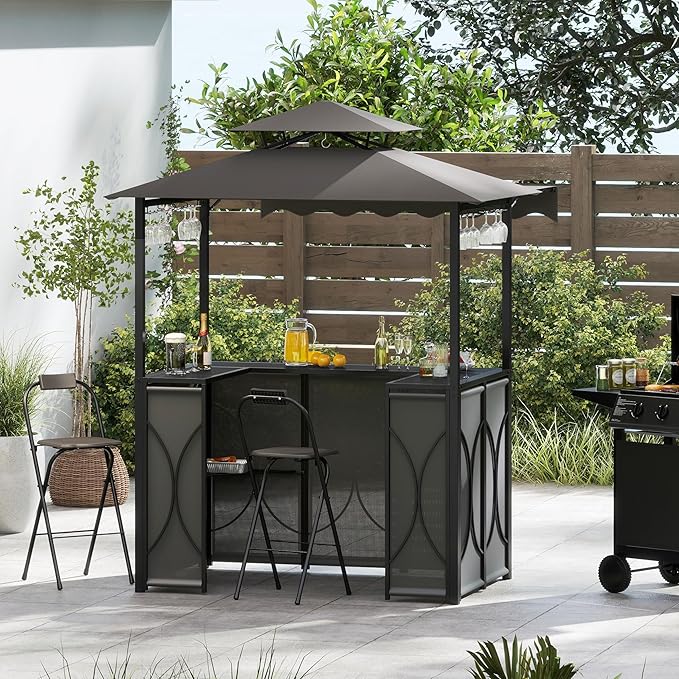 Tangkula 3 Piece Patio Bar Set, Grill Gazebo & 2 Foldable Bar Stools with Awning, Metal Storage Shelves, Glass Holders, Double-Tier Outdoor Shelter for Patio Poolside Garden Backyard (Gray)