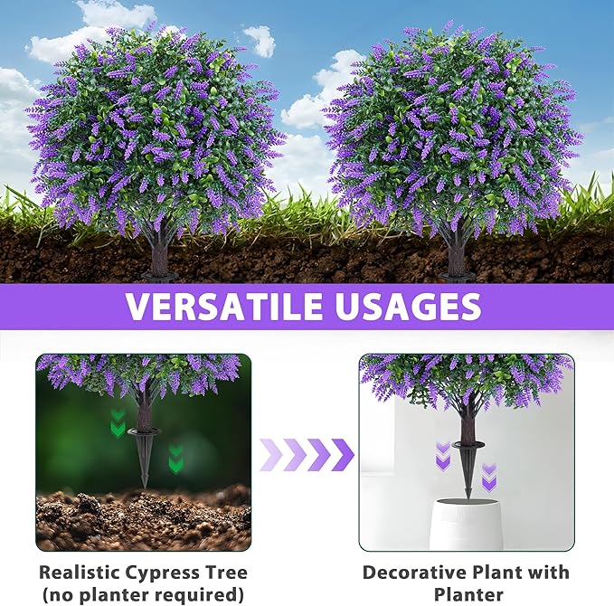 Artificial Boxwood Topiary Ball with Lavender, Set of 2 Artificial Shrub Bushes with Ground Spike, UV Resistant Fake Evergreen Plant Tree for Porch Outdoor Planters Indoor Valentine's Day