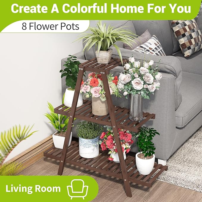 BMOSU Plant Stand Bamboo for Indoor Outdoor Tiered Plant Shelf 8 Potted Flower Holder Ladder Rack Garden Balcony Living Room Patio(3 Tier Brown)