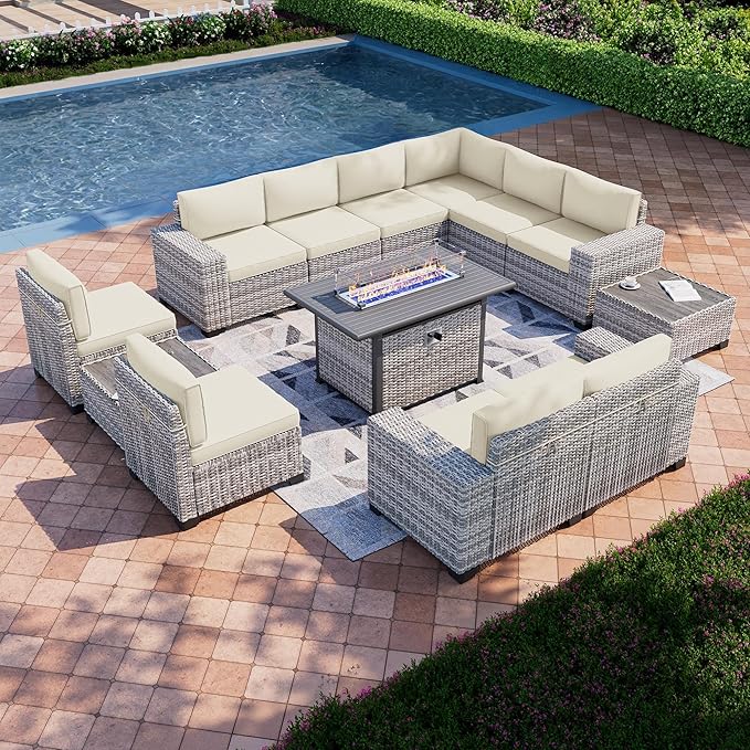 13-Piece Outdoor Patio Furniture Set with 55,000 BTU Fire Pit Table, PE Wicker Rattan Sectional Sofa Patio Conversation Set with Coffee Table, White