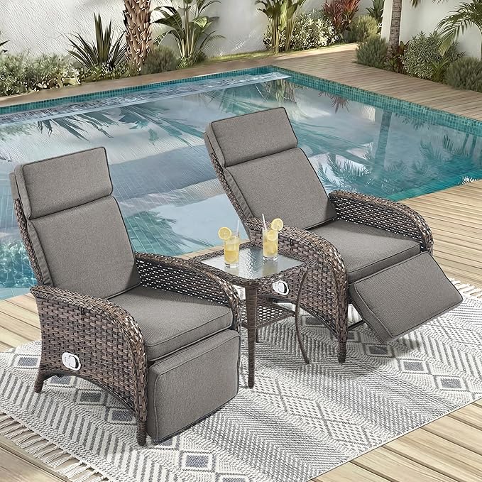 3 Pieces Zero Gravity Wicker Patio Recliner Chairs Set of 2 - Wicker Outdoor Lounge Chair with Side Table, Adjustable Backrest & Footrest, High Back Outdoor Recliner Chair for Pool Deck Gray