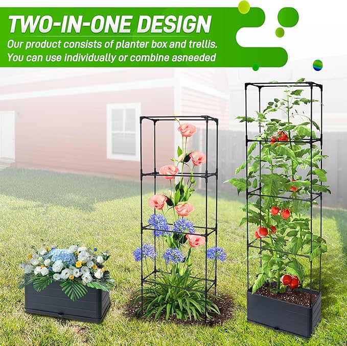 2 Packs Raised Garden Bed Tomato Planter Box with Trellis, 55.2" Self-Watering Tomato Cage with Rectangular Trellis for Climbing Plants Flowers Vegetables Vine in Patio Garden Indoor Outdoor
