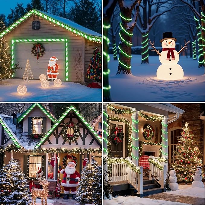 Jnaurb Christmas Candy Cane Lights, 66ft 480 LED Connectable Flexible White & Green Candy Cane Rope Lights for Outside, 8 Modes Waterproof LED Christmas Light for Garden Patio Tree Holiday Party Decor