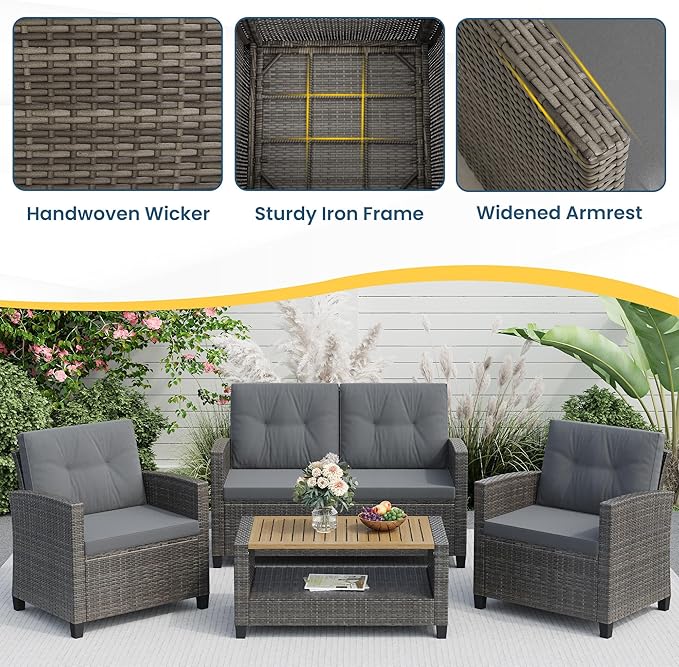 Wisteria Lane 4 Piece Patio Furniture Set, Wicker Outdoor Patio Conversation Furniture Set, All Weather Outdoor Patio Sofa with Cushion and Wood Table, Grey Wood