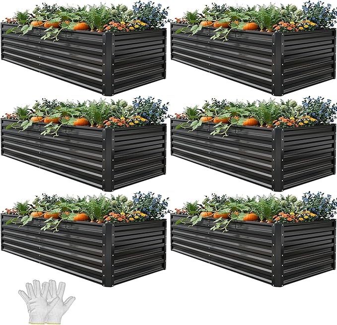 YITAHOME 6pcs 6x3x2 ft Galvanized Raised Garden Bed Kit, Large Metal Planter Box with Gloves & Support Rod, Outdoor Flower Bed for Plants Vegetables, Black