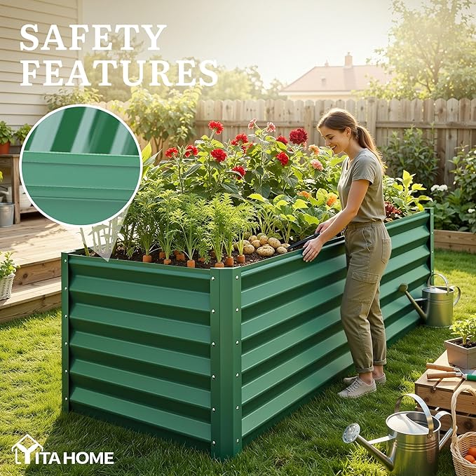 YITAHOME 6x3x3ft Large Raised Garden Bed Kit, Galvanized Metal Planter Box with Gloves, Support Rod, Outdoor Above Ground Planters for Plants Vegetables Flowers, Green