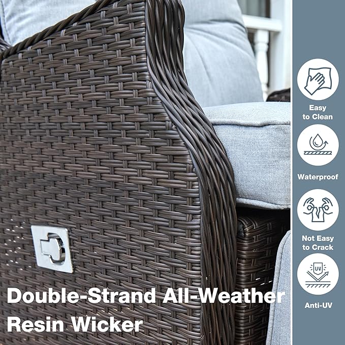 Outdoor Indoor Wicker Recliner with Adjustable Back and Footrest, Patio Reclining Chair with Flip-up Table, Outdoor Rattan Lounge Chair, Light Grey