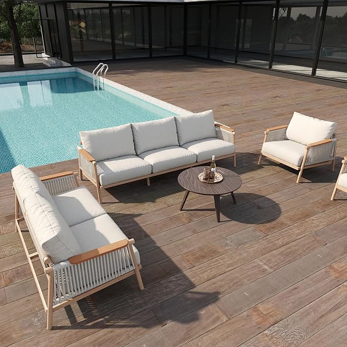 Acanva Modern All-Weather Aluminum Outdoor Patio Sofa with Thick Cushions, Olefin Fabric Sunroom Backyard Furniture, Loveseat Light Khaki