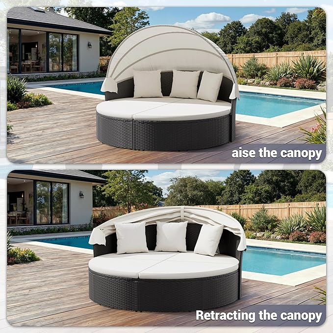 Patio Furniture Round Outdoor Daybed with Retractable Canopy Wicker Rattan Sectional Sofa for Lawn Garden Backyard Pool (Beige)