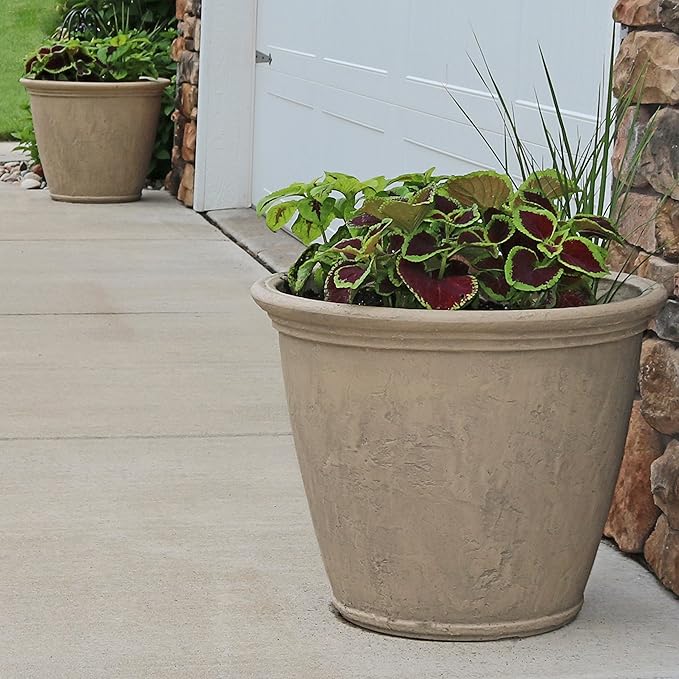Sunnydaze 24-Inch Anjelica Large Plastic Pot for Plants - Outdoor Double-Walled Large Plastic Planter with Drillable Drainage Holes - Beige - 2pk