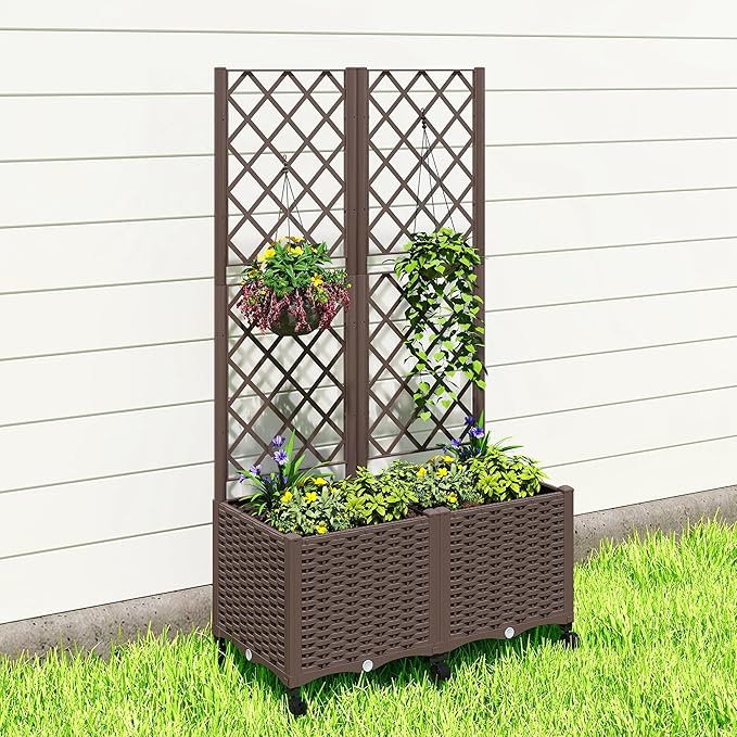 Outsunny Planter Box with Trellis, Self Watering Raised Garden Bed with Lockable Wheels, 56.3" Trellis Privacy Planter with Drainage Holes for Climbing Plants, Vines, Vegetables, Flowers, Brown