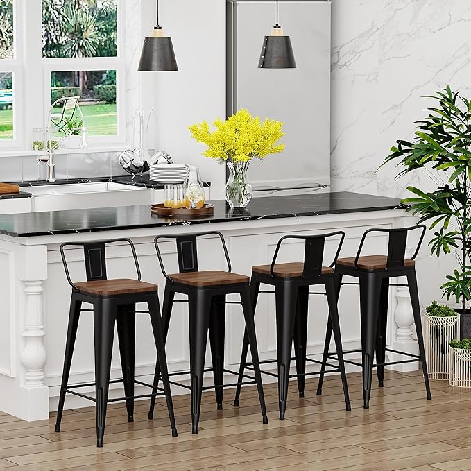 Yongchuang 24" Metal Barstools Set of 4 Counter Bar Stools with Wood Top Low Back Matte Black