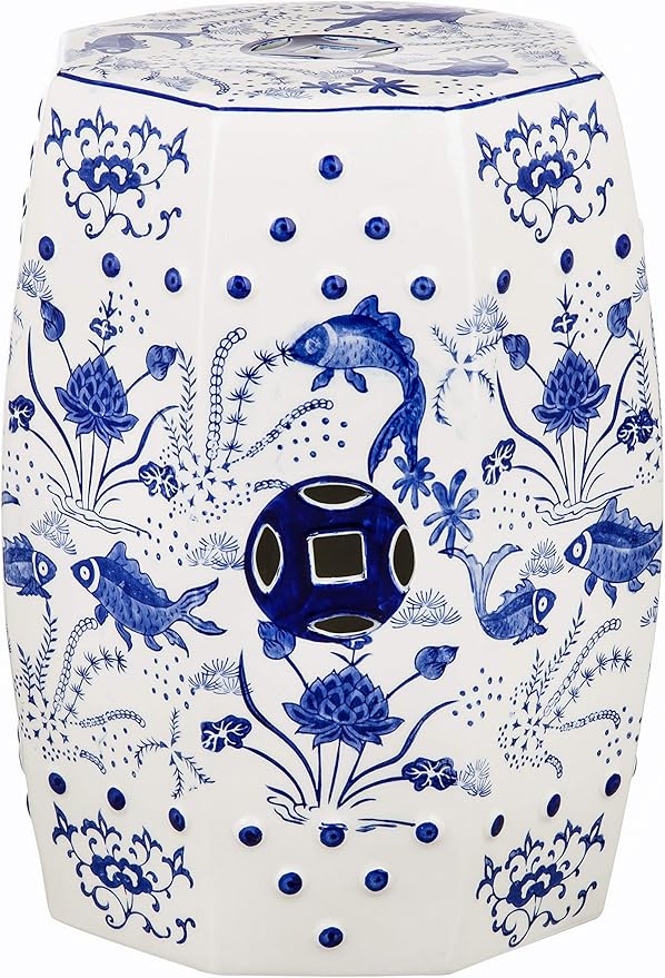Safavieh Castle Gardens Collection Glazed Ceramic Blue Cloud 9 Chinoiserie Garden Stool