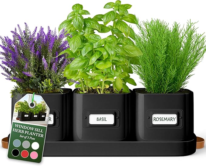 volila Herb Planter Indoor - Set of 3 Black Indoor Herb Garden Pots for Plants with Leather Handled Tray - Window Sill Plant Shelf - Herb Pots with Drainage Holes and Labels