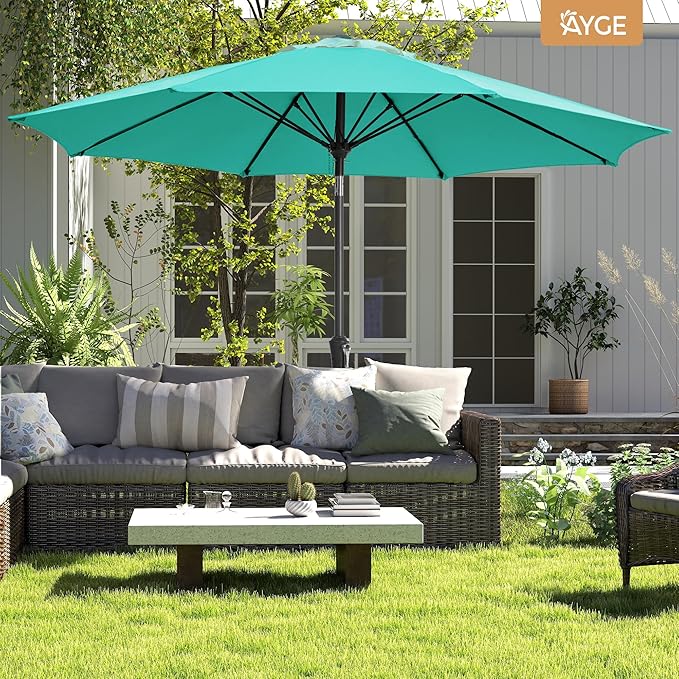Ayge 9FT Large Outdoor Patio Umbrella Market Table Umbrella-UV Resistant, Easy Push Button Tilt and Crank, 8 Sturdy Fiberglass Ribs Heavy-Duty Pool Umbrella for Deck, Backyard,Garden,Turquoise