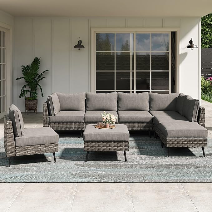 LAUSAINT HOME 8 Piece Outdoor Sectional Sofa PE Rattan Patio Conversation Sets, All Weather Patio Furniture Set with Thick Cushions for Garden, Poolside, Backyard (Grey)